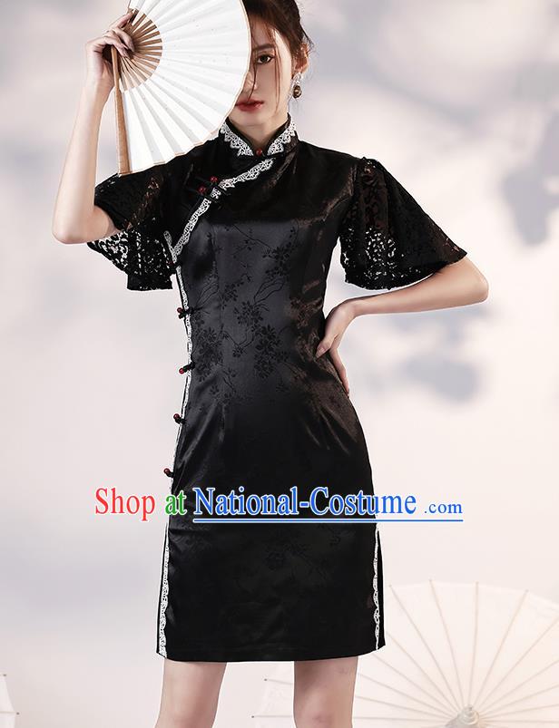 Chinese Classical Lace Sleeve Qipao Dress Traditional Modern Young Lady Black Short Cheongsam Clothing