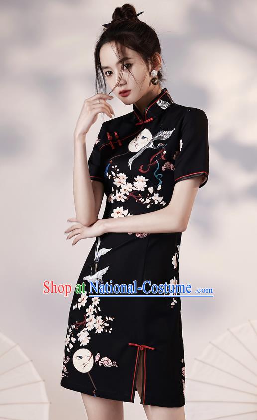 Chinese Classical Printing Cranes Black Short Qipao Dress Traditional Young Lady Modern Cheongsam Clothing