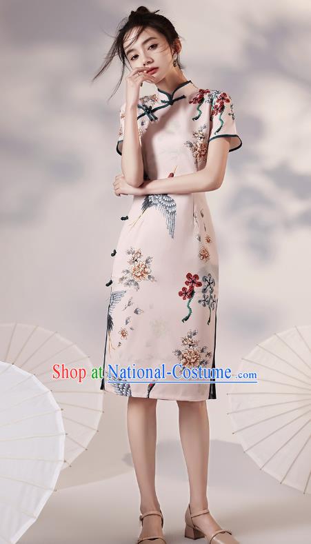 Chinese Traditional Young Lady Modern Apricot Cheongsam Clothing Classical Printing Cranes Peony Qipao Dress