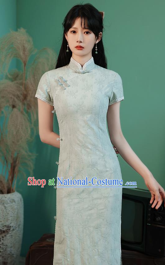 China Traditional Light Green Lace Qipao Dress National Young Lady Cheongsam