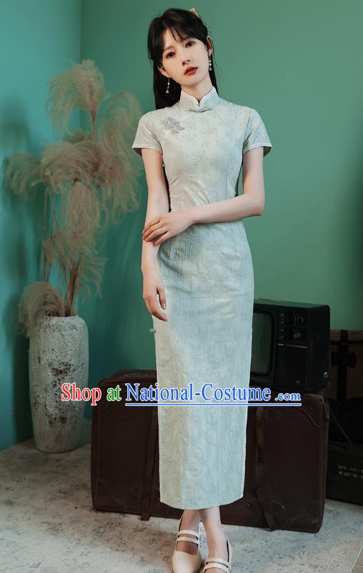 China Traditional Light Green Lace Qipao Dress National Young Lady Cheongsam