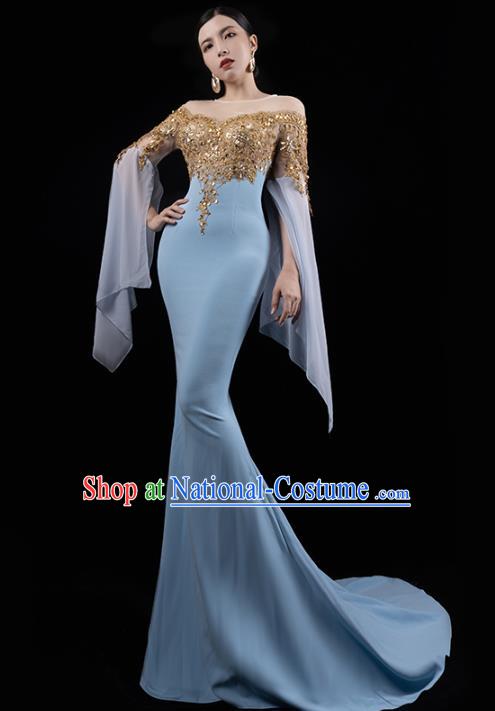 Top Grade Compere Full Dress Annual Meeting Blue Trailing Dress Catwalk Performance Clothing