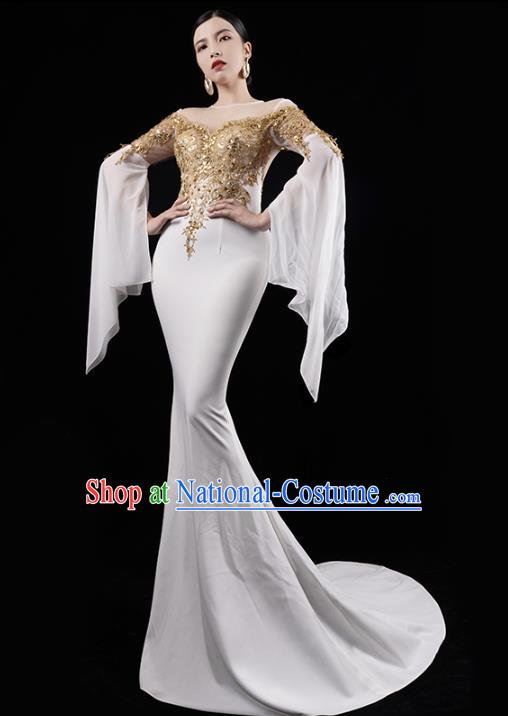 Top Grade Catwalk Performance Clothing Compere Full Dress Annual Meeting White Trailing Dress