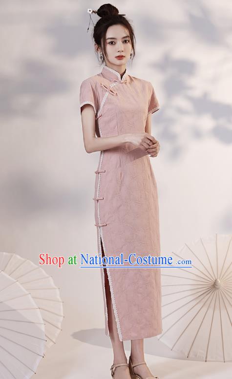 China Traditional Young Lady Pink Qipao Dress National Stage Performance Cheongsam