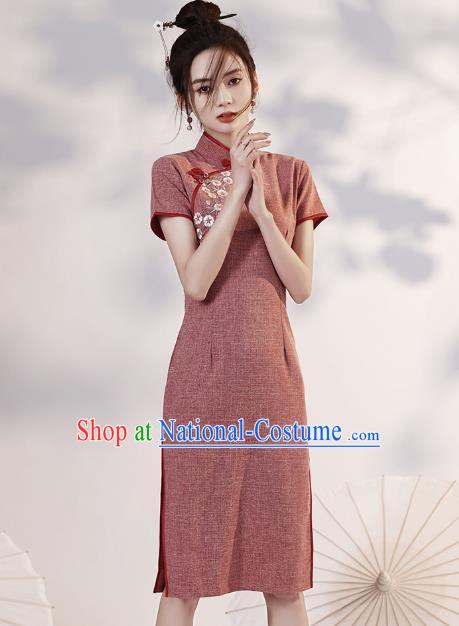 Chinese Embroidered Rust Red Cheongsam Clothing Modern Dance Short Qipao Dress