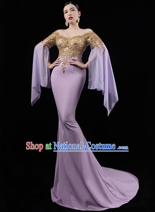 Top Grade Annual Meeting Lilac Trailing Dress Catwalk Performance Clothing Compere Full Dress