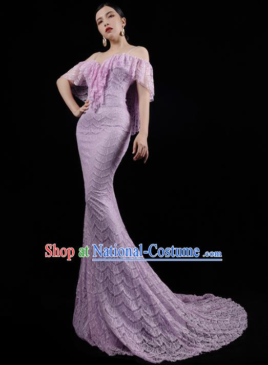 Top Grade Compere Full Dress Annual Meeting Lilac Lace Trailing Dress Catwalk Performance Clothing