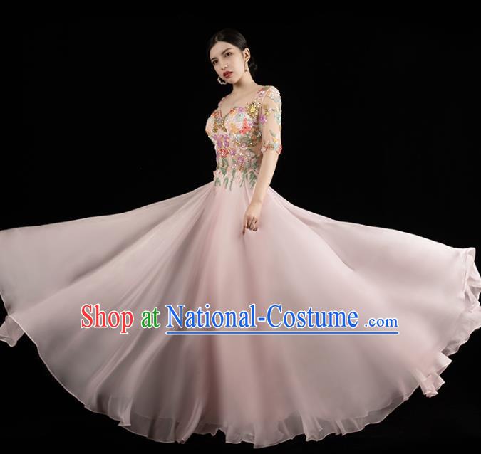 Top Grade Catwalk Performance Clothing Annual Meeting Embroidered Pink Dress Compere Full Dress