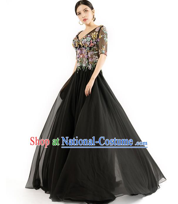 Top Grade Annual Meeting Embroidered Black Veil Dress Compere Full Dress Catwalk Performance Clothing