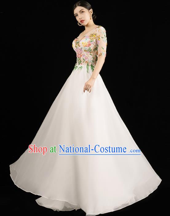 Top Grade Annual Meeting Performance Clothing Compere Full Dress Catwalk Embroidered White Veil Dress