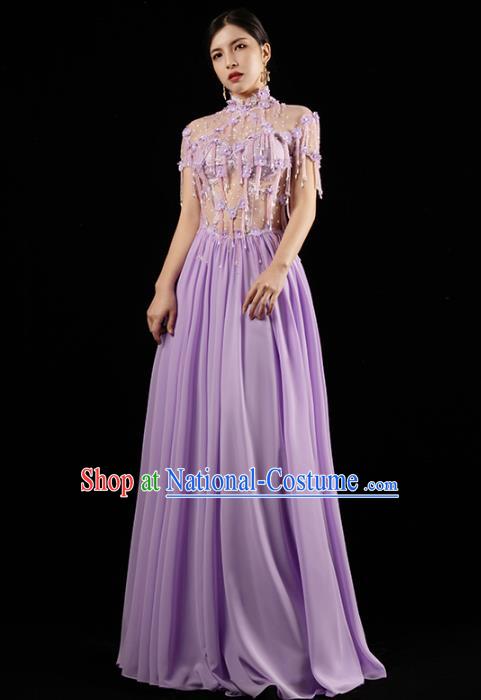 Top Grade Catwalk Dress Annual Meeting Performance Clothing Compere Lilac Beads Tassel Full Dress