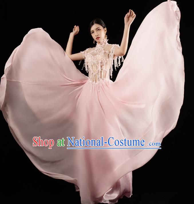 Top Grade Catwalk Pink Beads Tassel Dress Annual Meeting Performance Clothing Compere Full Dress