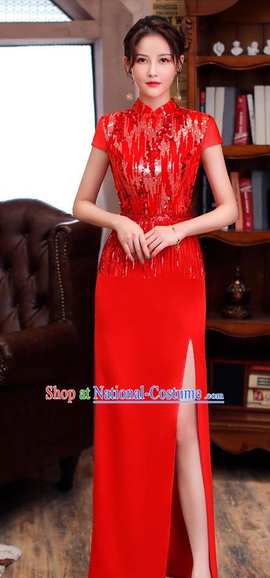 Chinese Stage Show Embroidery Sequins Qipao Dress Catwalks Costume Modern Red Cheongsam