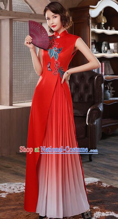 Chinese Classical Dance Cheongsam Stage Show Embroidery Peony Red Satin Qipao Dress Catwalks Costume