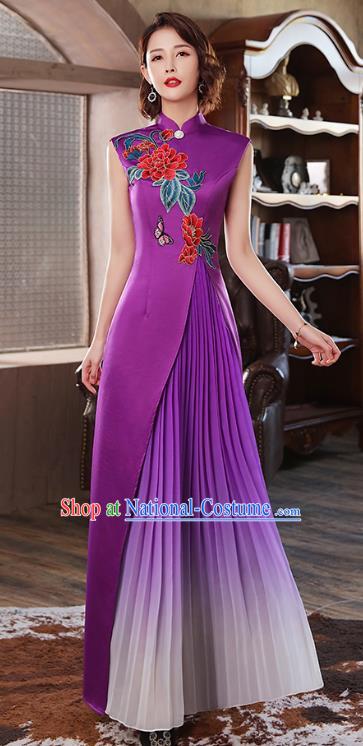 Chinese Catwalks Costume Classical Dance Cheongsam Stage Show Embroidery Peony Purple Satin Qipao Dress