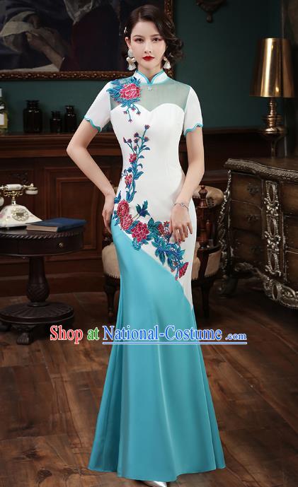 Chinese Embroidery Blue Fishtail Cheongsam Catwalks Modern Dance Costume Stage Show Qipao Dress