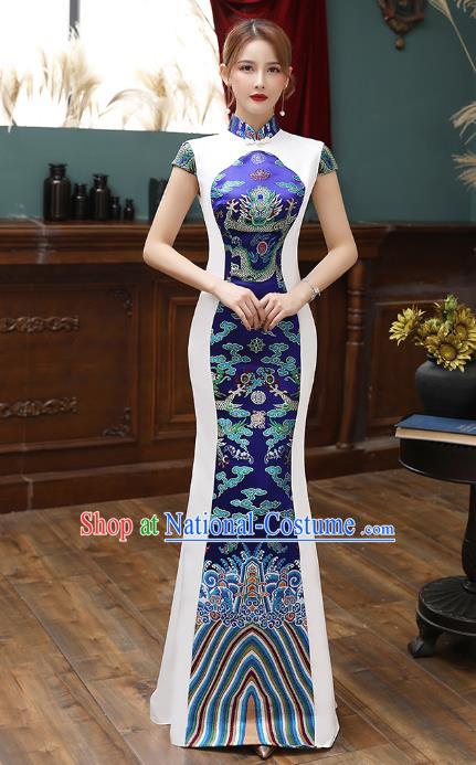 Chinese Royalblue Brocade Cheongsam Modern Catwalks Costume Stage Show Fishtail Qipao Dress