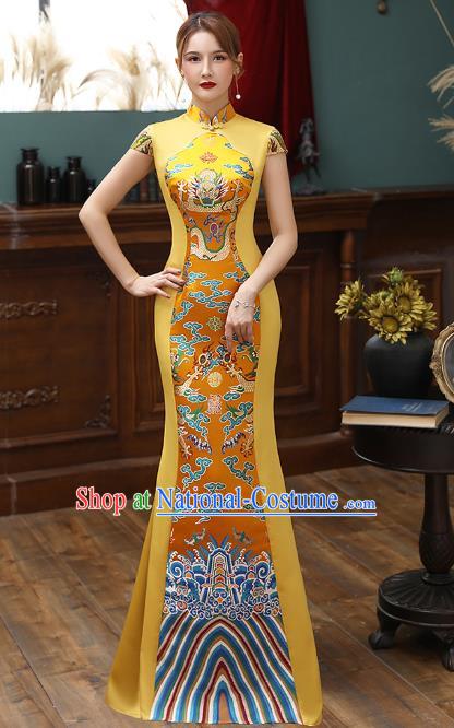 Chinese Stage Show Fishtail Qipao Dress Golden Brocade Cheongsam Modern Catwalks Costume