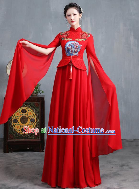 Chinese Embroidered Wedding Red Lace Cheongsam Modern Dance Costume Stage Show Qipao Dress