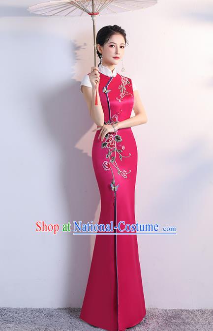 Chinese Embroidered Rosy Satin Cheongsam Modern Dance Costume Stage Show Fishtail Qipao Dress