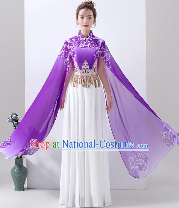 Chinese Classical Dance Cheongsam Chorus Performance Costume Printing Peony Purple Qipao Dress