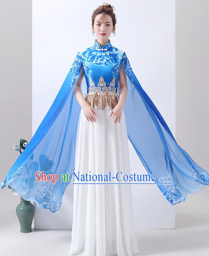 Chinese Chorus Performance Costume Printing Peony Blue Qipao Dress Classical Dance Cheongsam