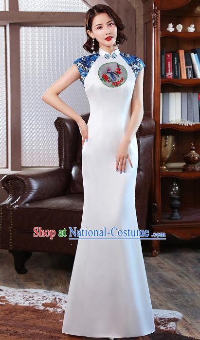 Chinese Modern Embroidery White Cheongsam Catwalks Costume Stage Show Fishtail Qipao Dress