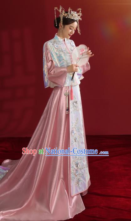 China Bride Dress Traditional Wedding Costumes Classical Embroidered Pink Xiuhe Suit