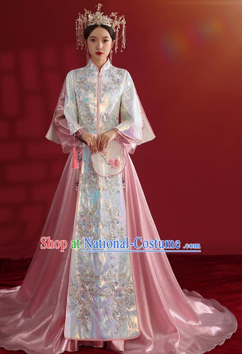 China Bride Dress Traditional Wedding Costumes Classical Embroidered Pink Xiuhe Suit