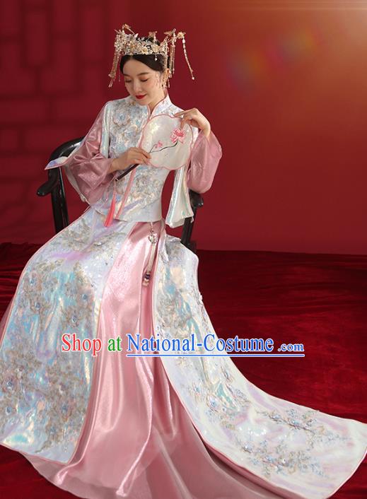 China Bride Dress Traditional Wedding Costumes Classical Embroidered Pink Xiuhe Suit