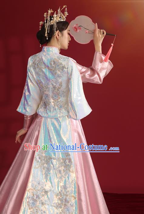 China Bride Dress Traditional Wedding Costumes Classical Embroidered Pink Xiuhe Suit