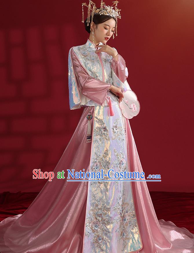 China Bride Dress Traditional Wedding Costumes Classical Embroidered Pink Xiuhe Suit