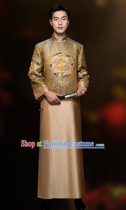 Chinese Classical Bridegroom Clothing Traditional Wedding Costume Golden Mandarin Jacket and Long Robe