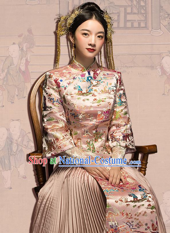 China Classical Embroidered Pink Xiuhe Suit Bride Dress Traditional Wedding Costumes