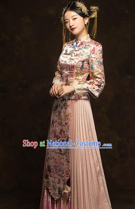 China Classical Embroidered Pink Xiuhe Suit Bride Dress Traditional Wedding Costumes