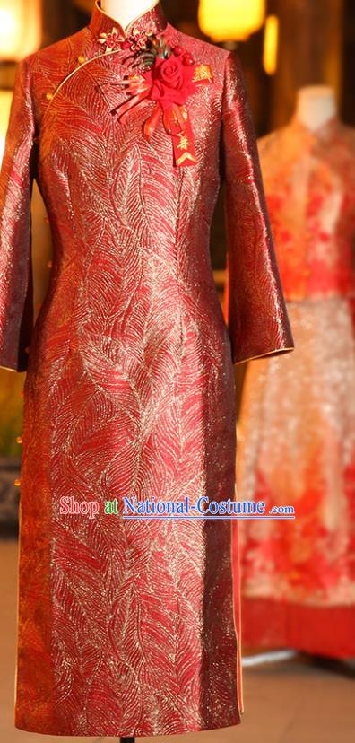 Chinese Elderly Woman Red Brocade Cheongsam Traditional Wedding Mother Qipao Dress