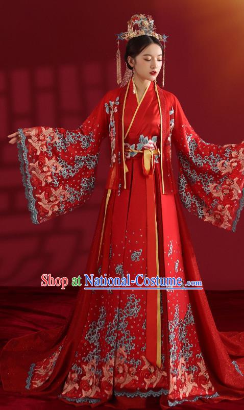 China Classical Embroidered Red Wedding Dress Traditional Ancient Empress Hanfu Costumes