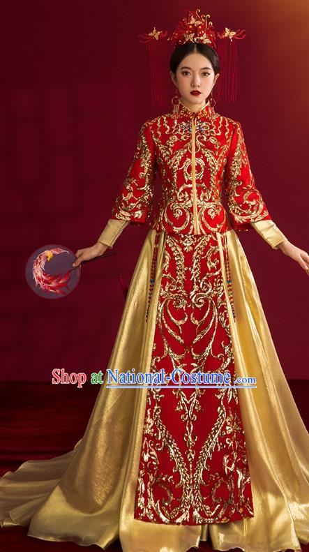 China Traditional Wedding Costumes Ancient Bride Embroidered Red Xiuhe Suits