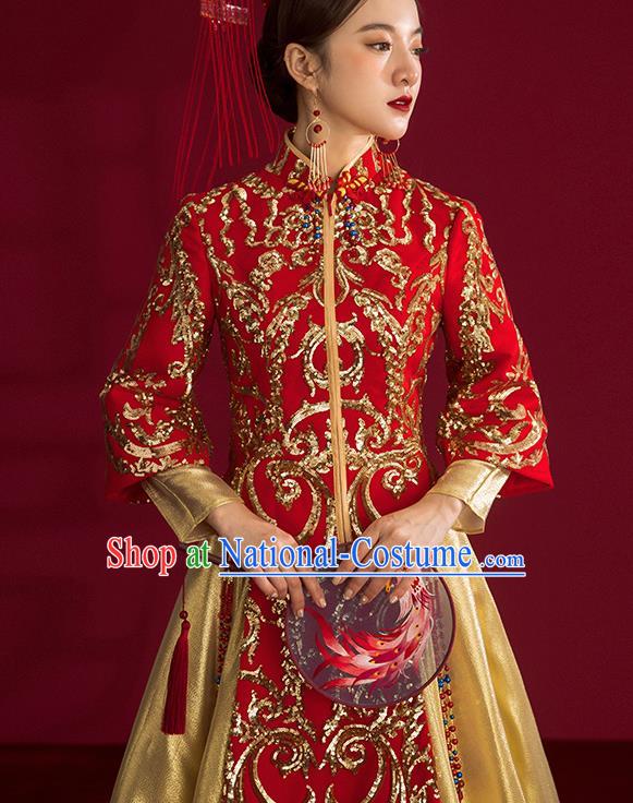 China Traditional Wedding Costumes Ancient Bride Embroidered Red Xiuhe Suits