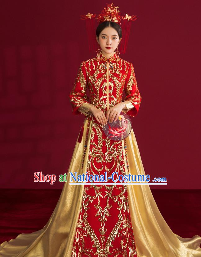 China Traditional Wedding Costumes Ancient Bride Embroidered Red Xiuhe Suits