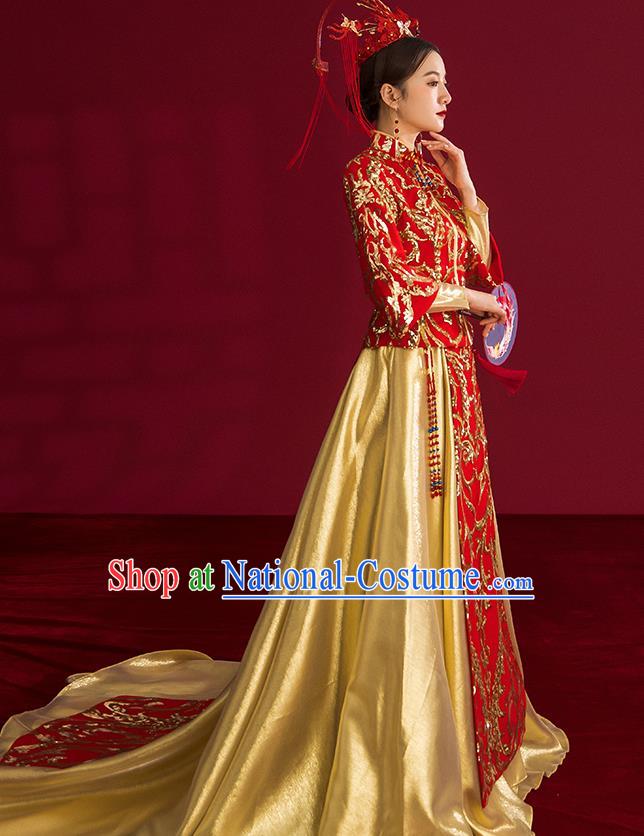 China Traditional Wedding Costumes Ancient Bride Embroidered Red Xiuhe Suits