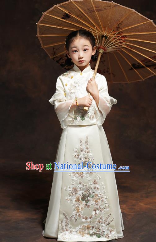 Chinese Classical Dance Clothing Embroidered White Qipao Dress Girl Bridesmaid Blouse and Dress