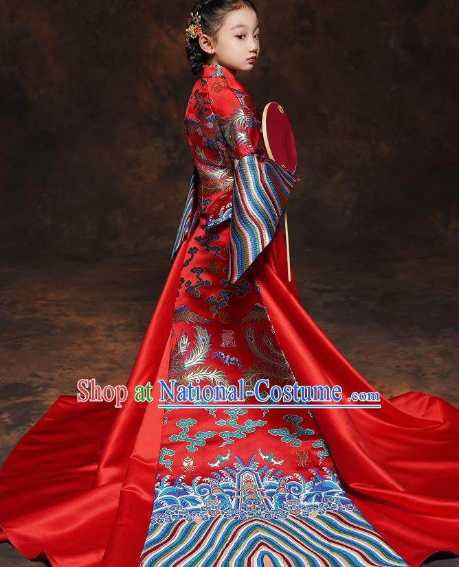 Chinese Embroidered Red Xiuhe Suits Girl Bridesmaid Blouse and Dress Classical Dance Clothing