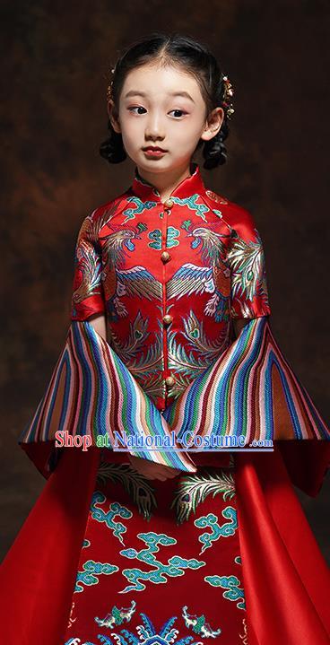 Chinese Embroidered Red Xiuhe Suits Girl Bridesmaid Blouse and Dress Classical Dance Clothing