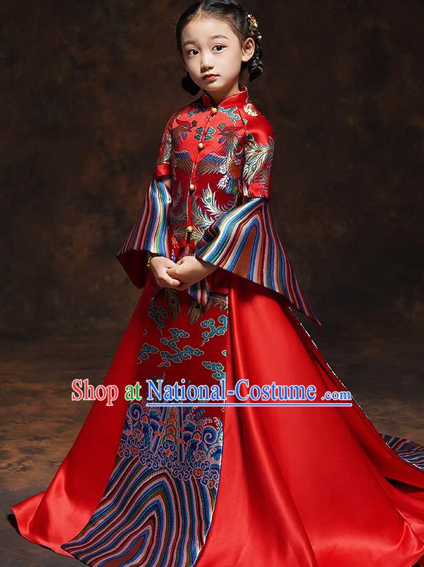 Chinese Embroidered Red Xiuhe Suits Girl Bridesmaid Blouse and Dress Classical Dance Clothing