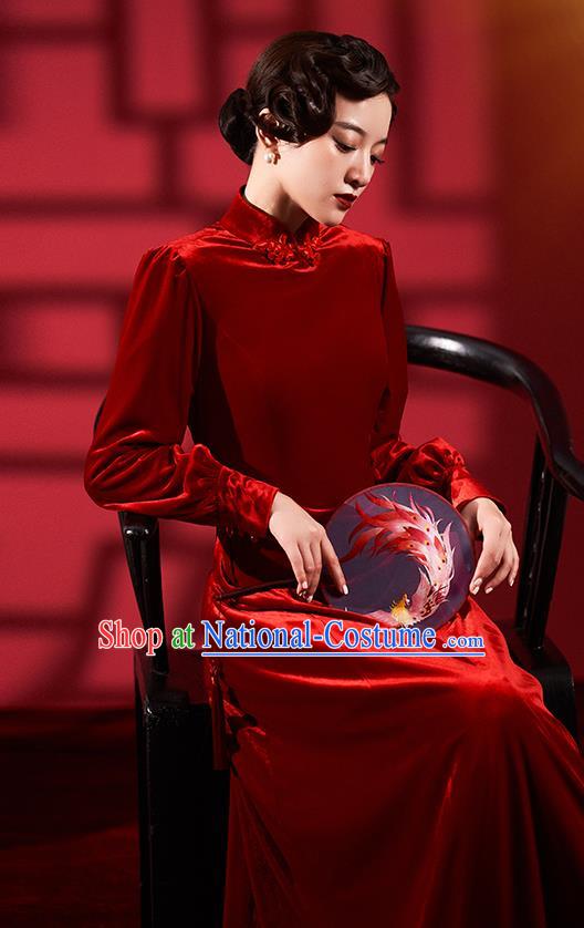 Chinese Classical Dance Red Qipao Dress Clothing Traditional Wedding Velvet Cheongsam