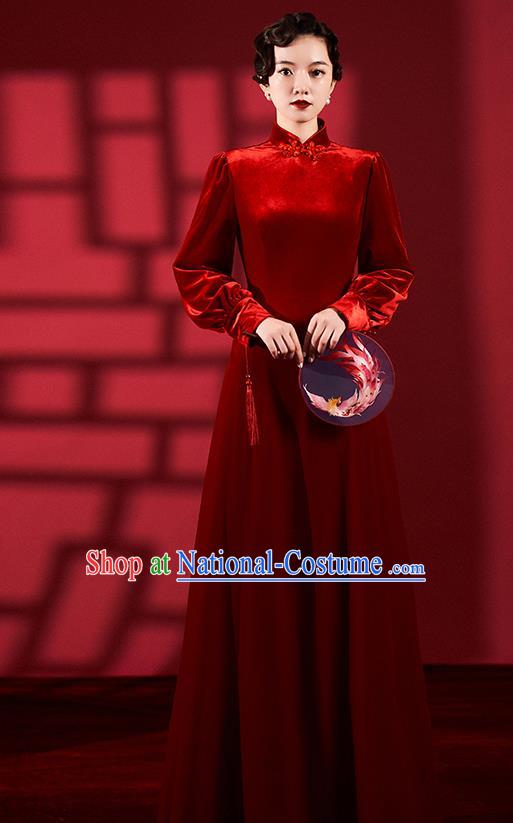 Chinese Classical Dance Red Qipao Dress Clothing Traditional Wedding Velvet Cheongsam