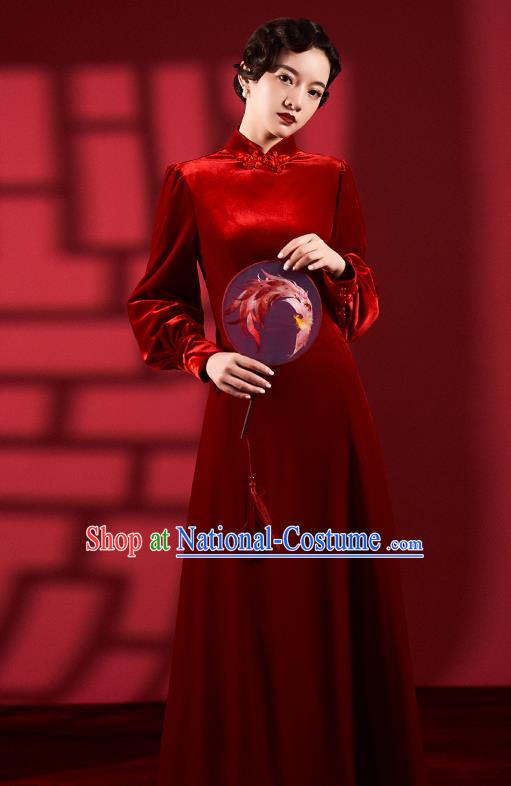 Chinese Classical Dance Red Qipao Dress Clothing Traditional Wedding Velvet Cheongsam