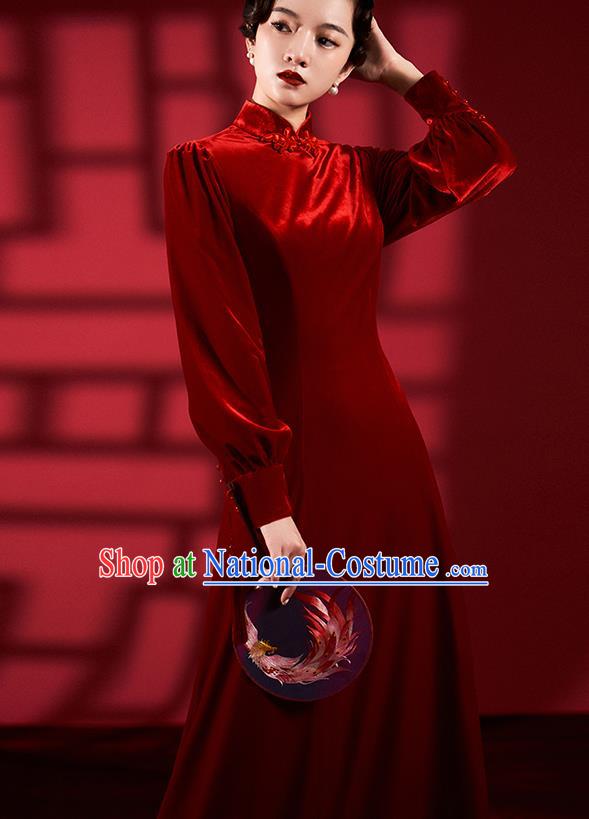 Chinese Classical Dance Red Qipao Dress Clothing Traditional Wedding Velvet Cheongsam