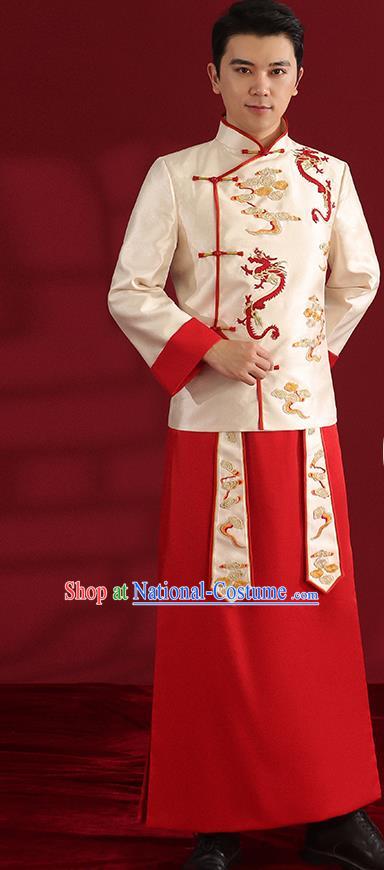 Chinese Traditional Wedding Bridegroom Costumes Embroidered White Mandarin Jacket and Red Long Robe